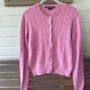 Ralph Lauren Pink Cable Knit Cardigan Sweater with Lime Green Embroidered Logo